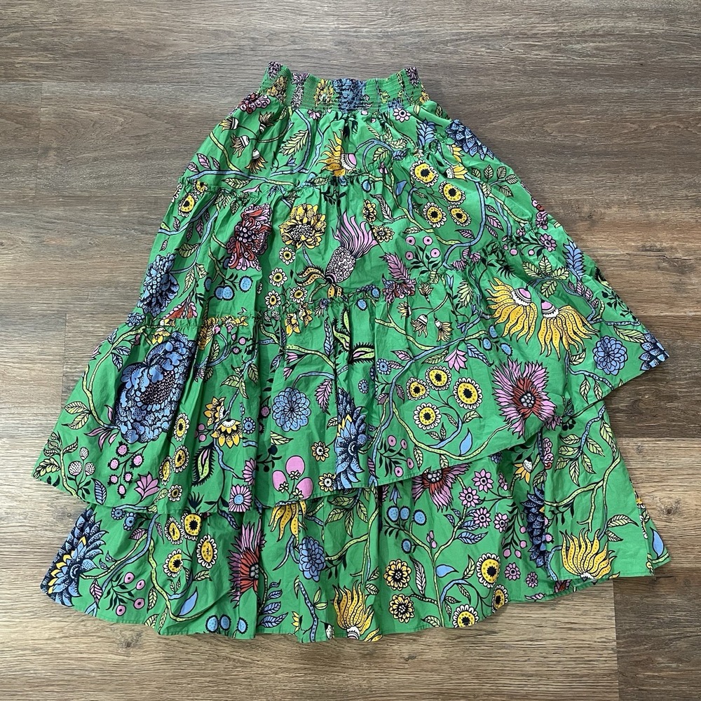 Maeve Anthropologie Tiered Maxi Skirt Smocked Vibrant Green Floral Garden XXS - Picture 5 of 6